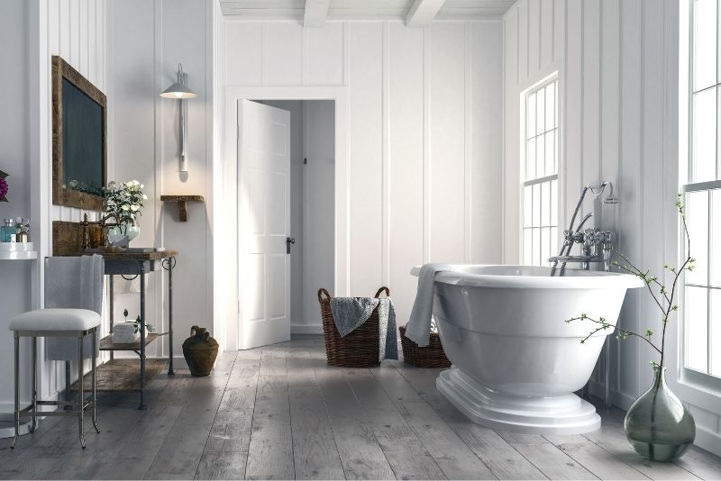A bathroom with white walls