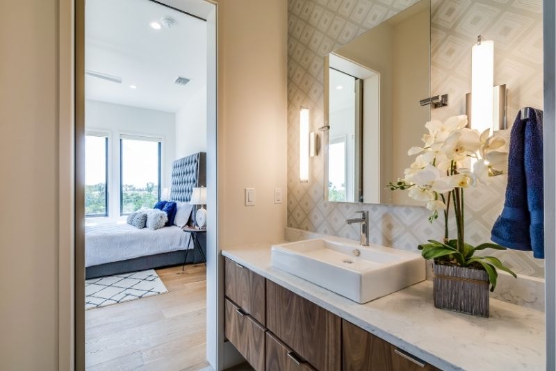 An ensuite bathroom opening to the bedroom