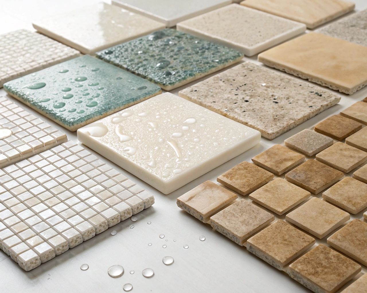 Different types of bathroom tiles including porcelain, ceramic, natural stone and mosaic options suitable for Cairns tropical climate