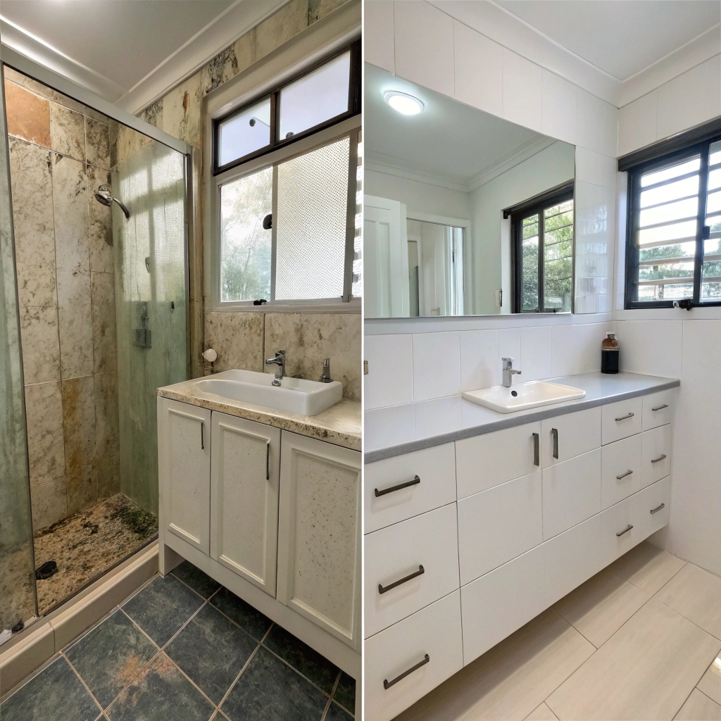 Before and after bathroom cabinet renovation in Cairns showing damaged warped doors transformed into modern custom vanity