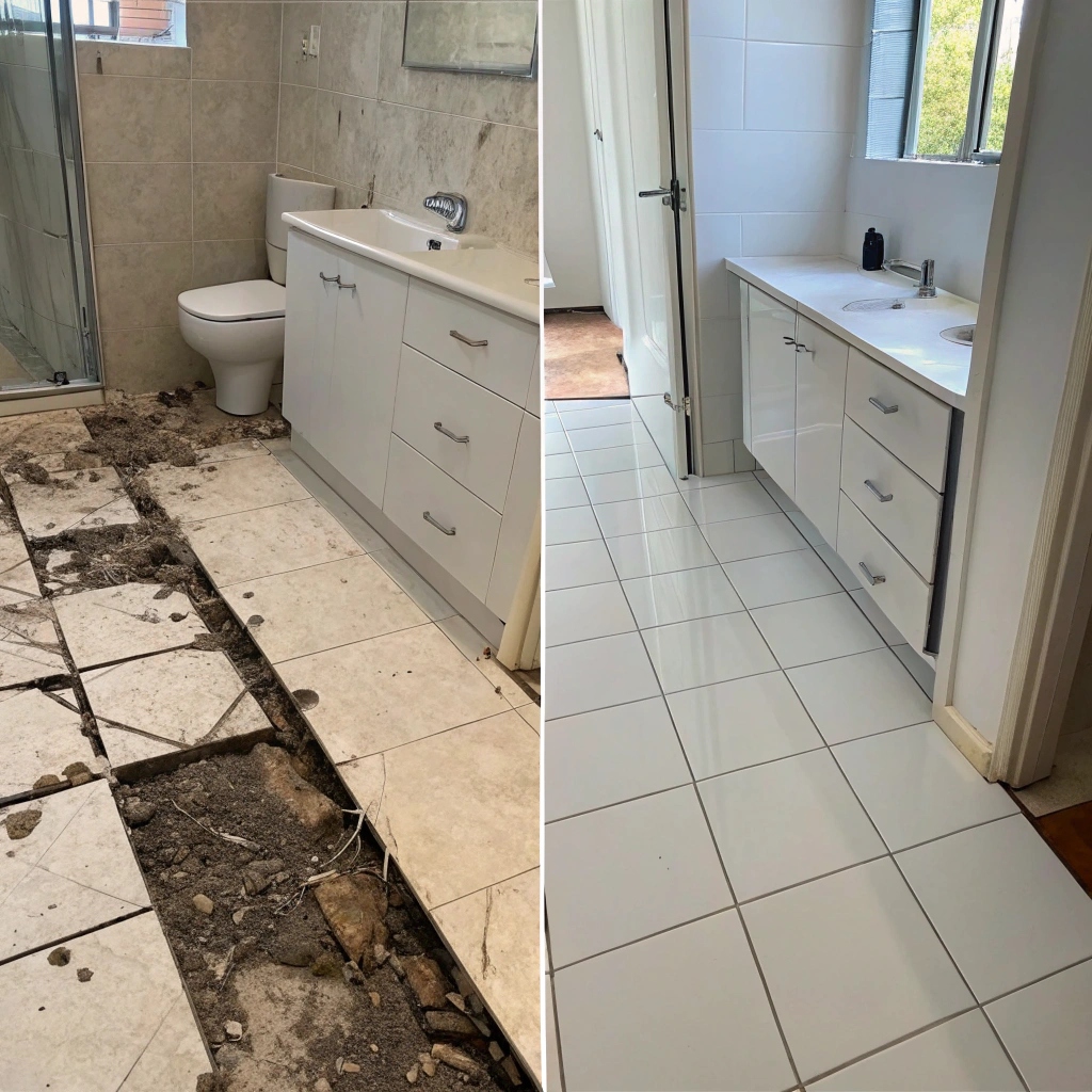 Before and after bathroom flooring water damage repair in Cairns showing lifted tiles and stains versus new waterproof porcelain tile installation