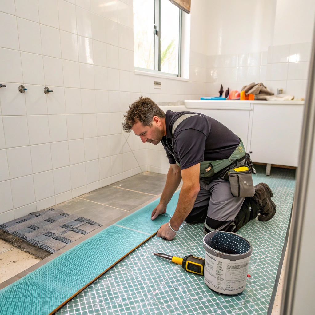 Professional bathroom flooring contractor installing waterproof membrane in Cairns