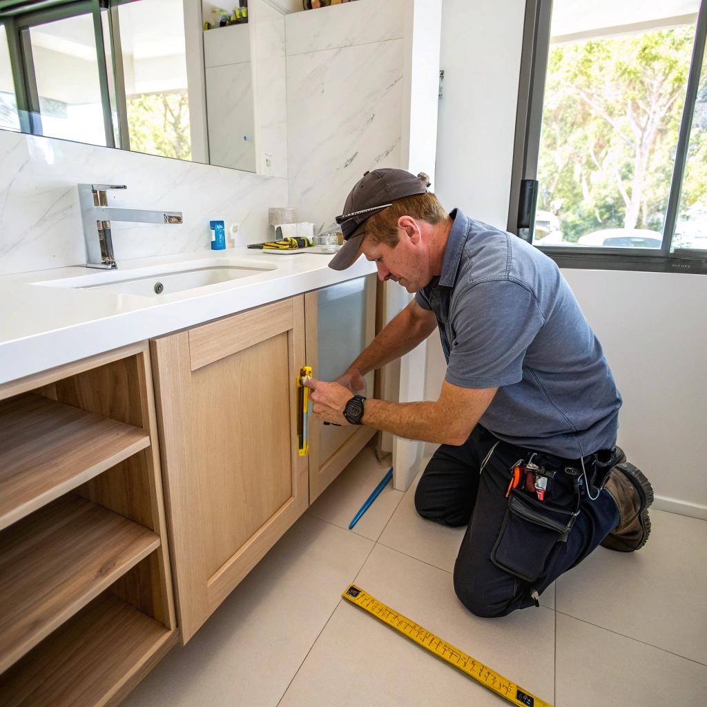 Custom floating bathroom vanity installation in progress