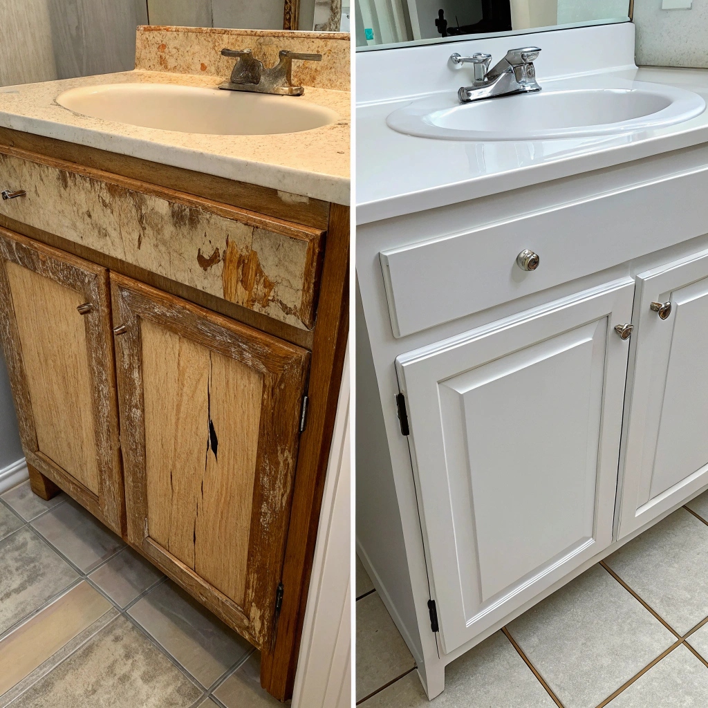 Comparison showing damaged particle board cabinet versus quality custom bathroom cabinets Cairns