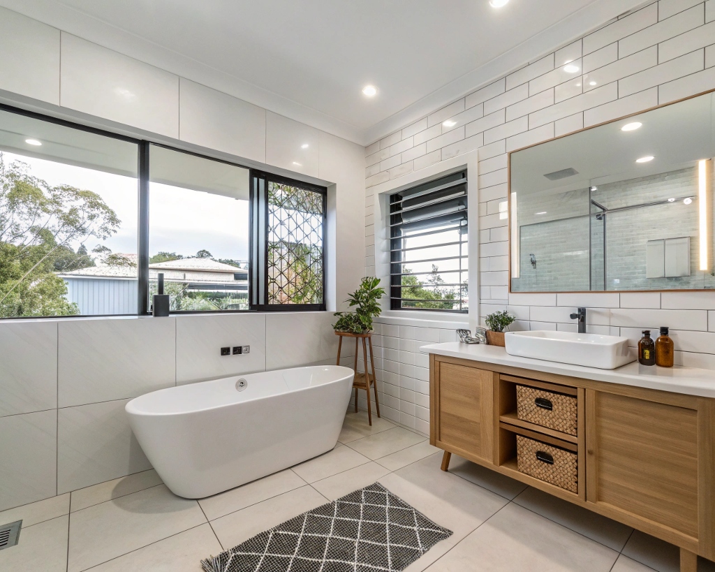 Completed bathroom renovation in Cairns home featuring professional tile work installation with tropical climate considerations