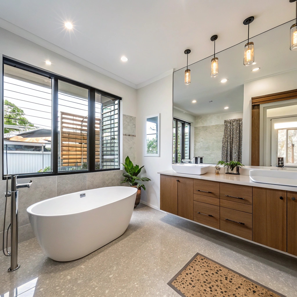 Completed modern bathroom renovation in Cairns featuring professional waterproof flooring installation with tropical climate durability