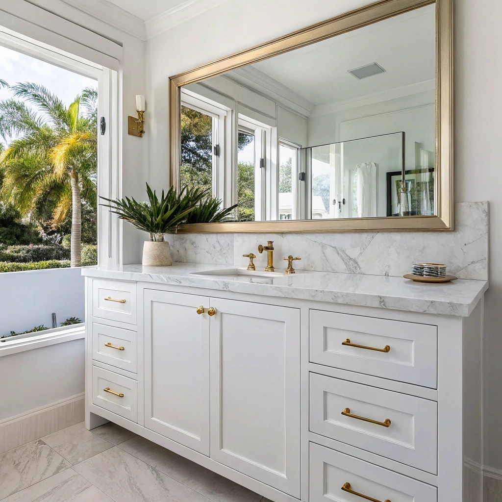 Custom bathroom cabinets Cairns white shaker style vanity with marble countertop