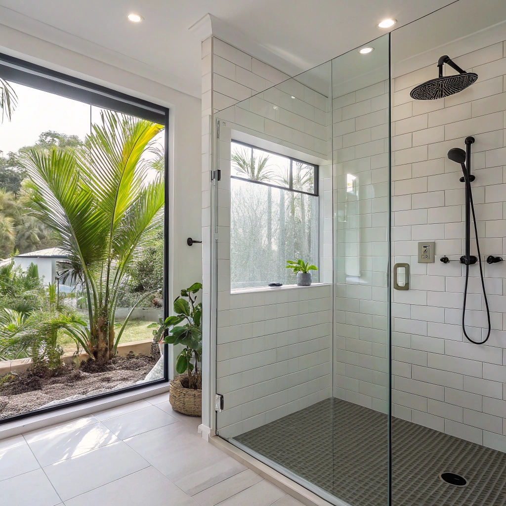 Modern frameless glass walk-in shower installation in Cairns bathroom