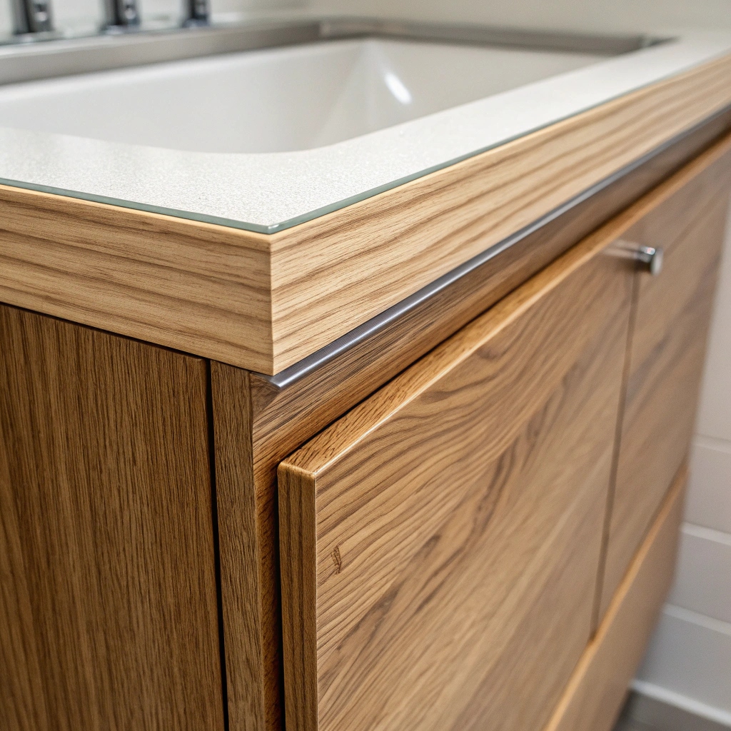 Close-up premium materials custom bathroom cabinets Cairns marine grade plywood waterproof finish