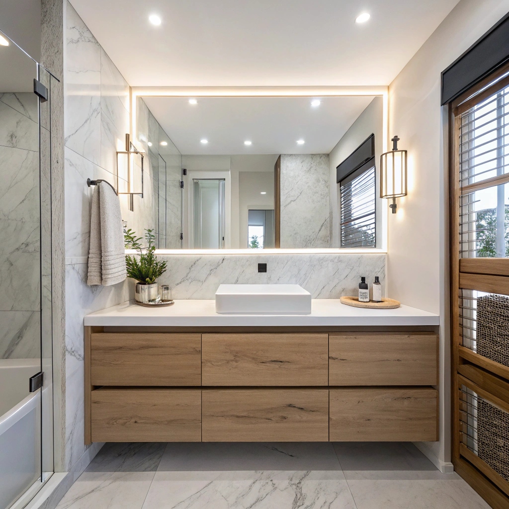 Completed modern custom bathroom vanity installation in Cairns home featuring premium finishes and integrated storage