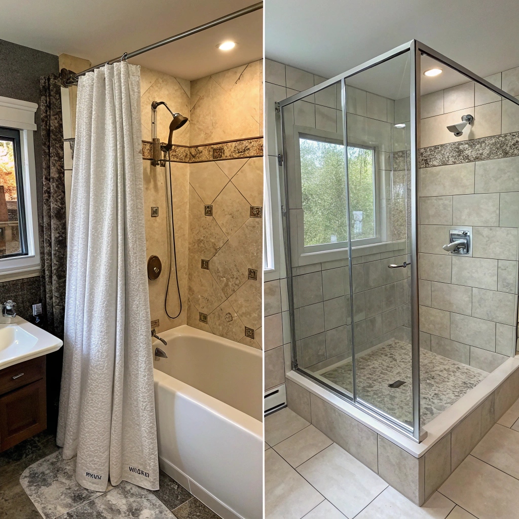 Before and after walk-in shower installation showing transformation from old bathtub to modern frameless shower