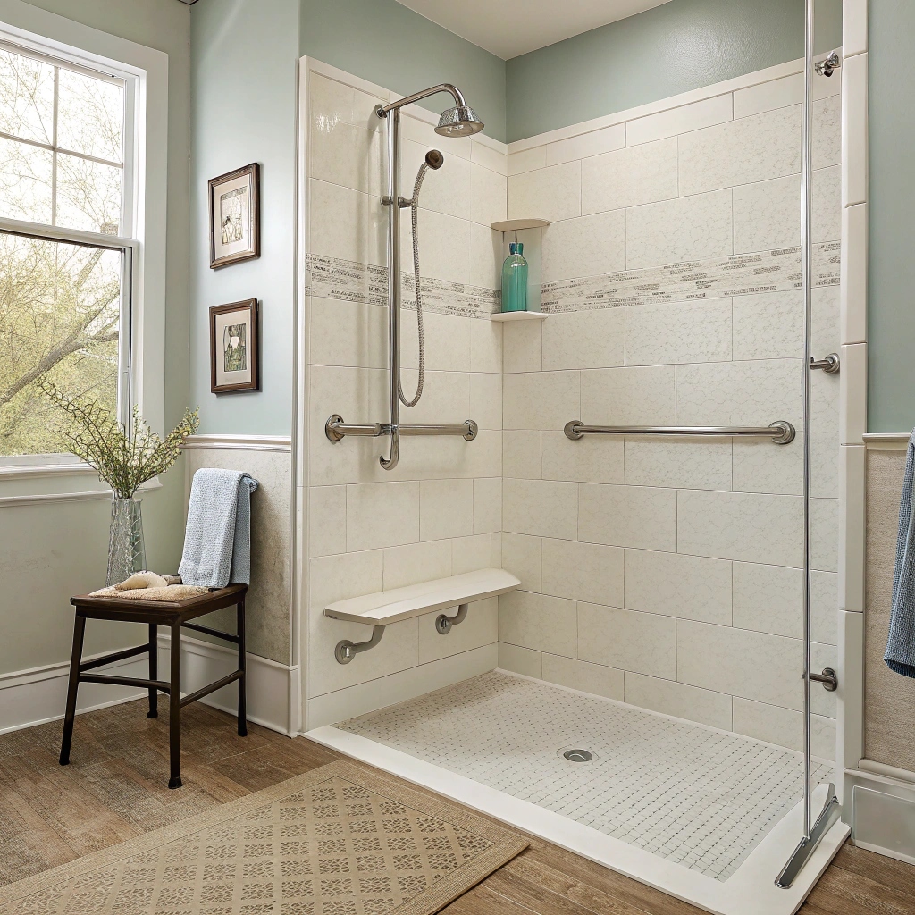 Curbless walk-in shower with grab bars, a built-in fold-down bench seat and a handheld showerhead