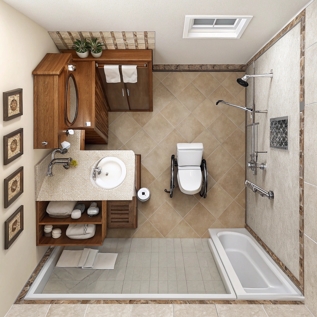 Overhead floor plan of an accessible bathroom showing a wheelchair-accessible toilet, roll-in shower and vanity clearances